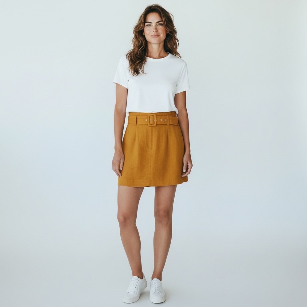 Farm Rio Women Mustard Yellow Belted Linen High Waisted A-Line Mini Skirt large